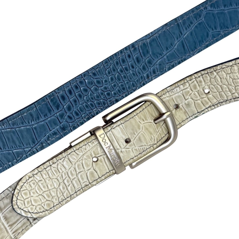 Doc Murphy‎ Reversible All Leather Croc Belt Sz 40 Embossed Cowhide Blue Cream